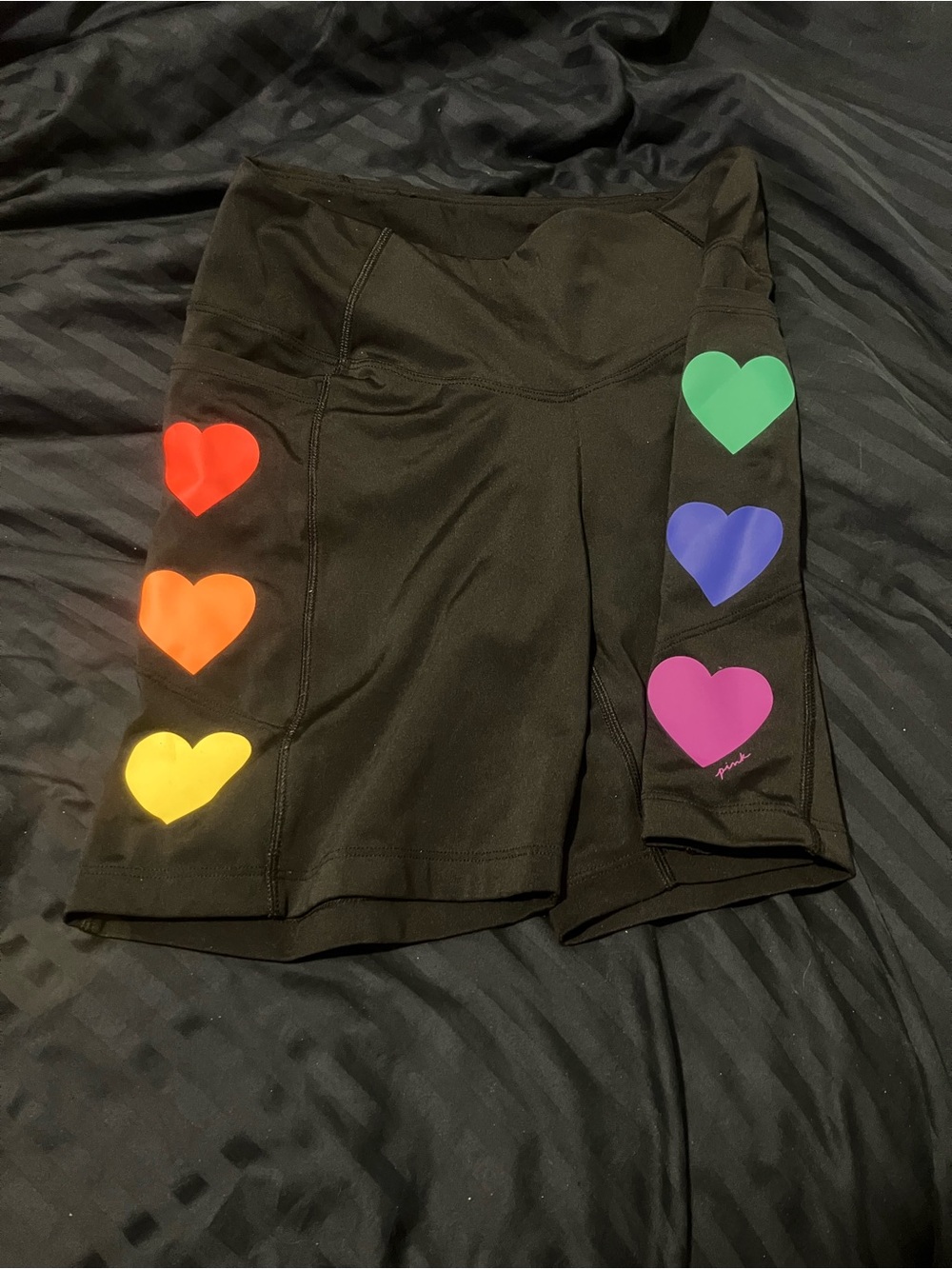 PINK Victoria's Secret Black Bike Shorts with Rainbow Heart Prints